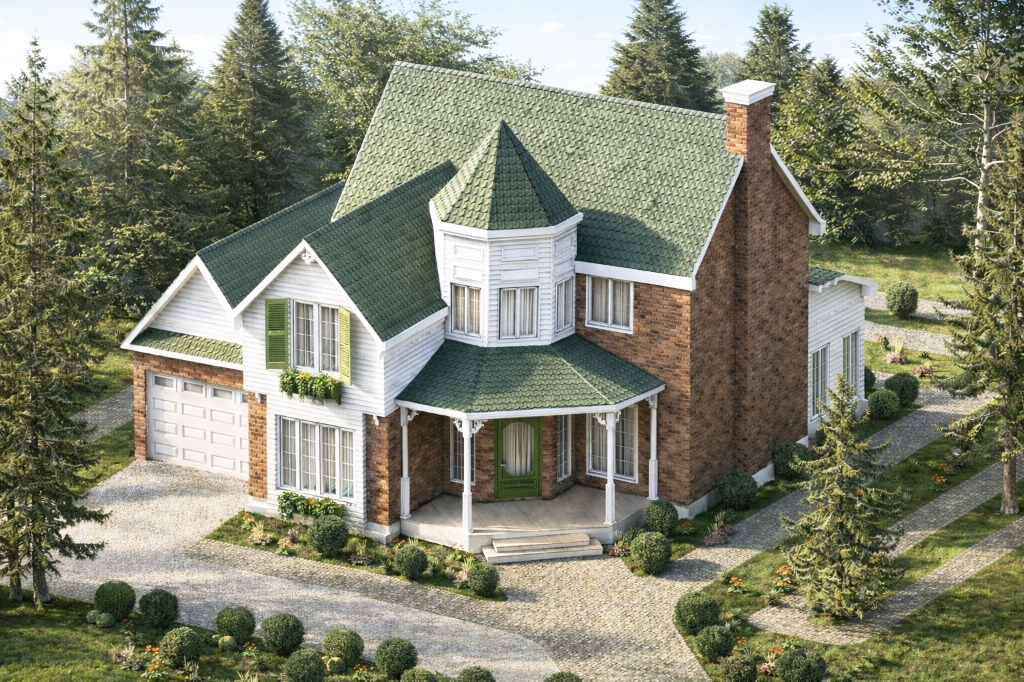 Victorian Home Bird's Eye View - Aerial Render