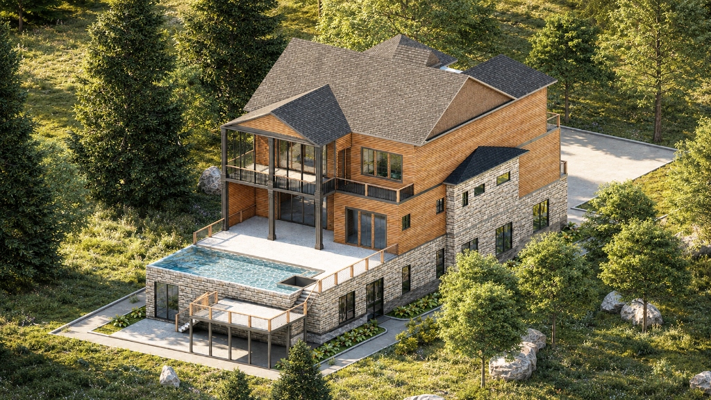 Forest Retreat with Pool - Front Aerial - Aerial Render