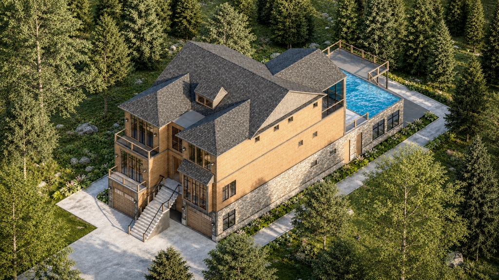 Forest Retreat with Pool - Rear Aerial - Aerial Render