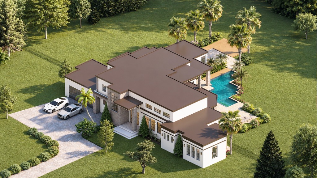 Luxury Estate with Pool - Bird's Eye View - Aerial Render