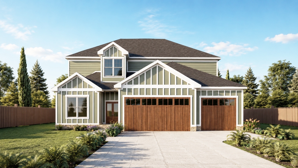 Craftsman Suburban Residence with Wood Garage - Exterior Residential Render