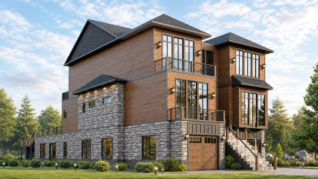Contemporary Stone and Timber Mountain Residence - Exterior Residential Render