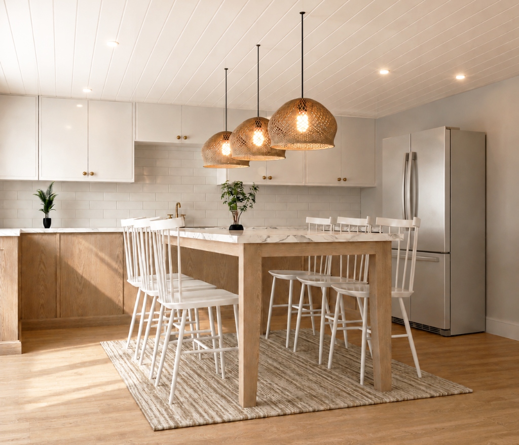 Modern Coastal Dining and Kitchen with Rattan Pendants - Residential Interior Render