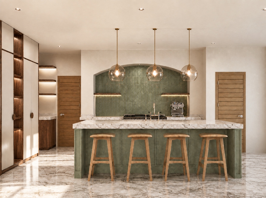 Contemporary Kitchen with Arched Tiled Alcove and Marble Island - Residential Interior Render
