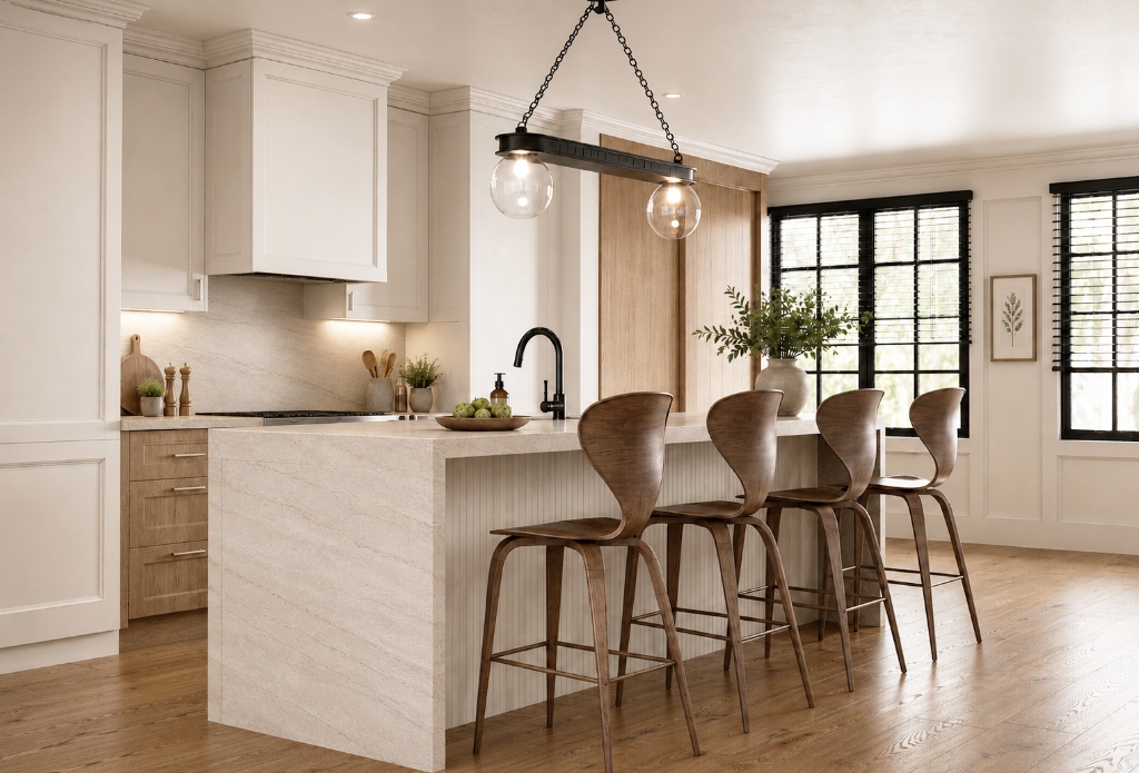 Warm Minimalist Waterfall Kitchen Island - Residential Interior Render