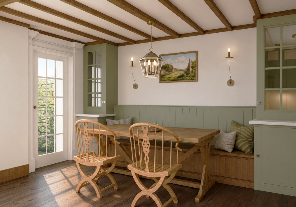 Country Dining Nook with Sage Wainscoting and Exposed Beams - Residential Interior Render