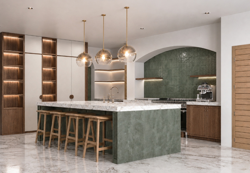 Contemporary Kitchen with Built-in Display Shelving and Marble Island - Residential Interior Render