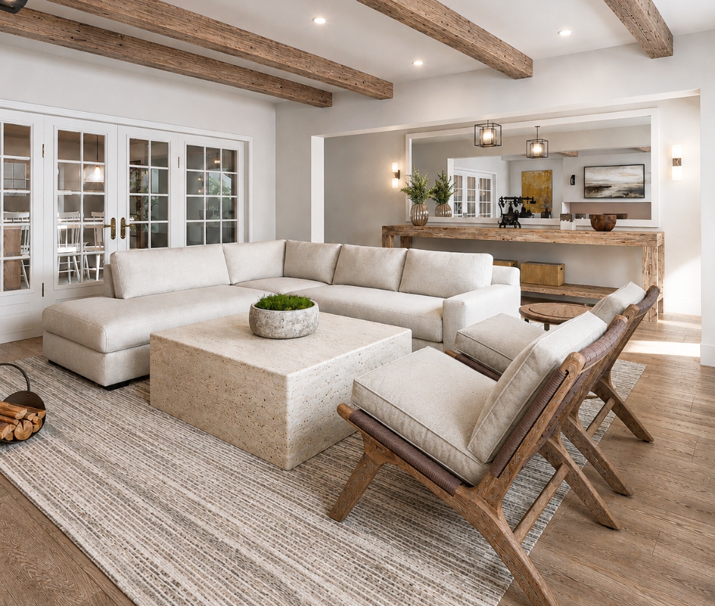 Rustic Modern Living Room with Exposed Beams and Travertine Table - Residential Interior Render