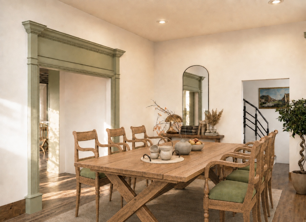 Classic Dining Room with Trestle Table and Sage Green Trim - Residential Interior Render