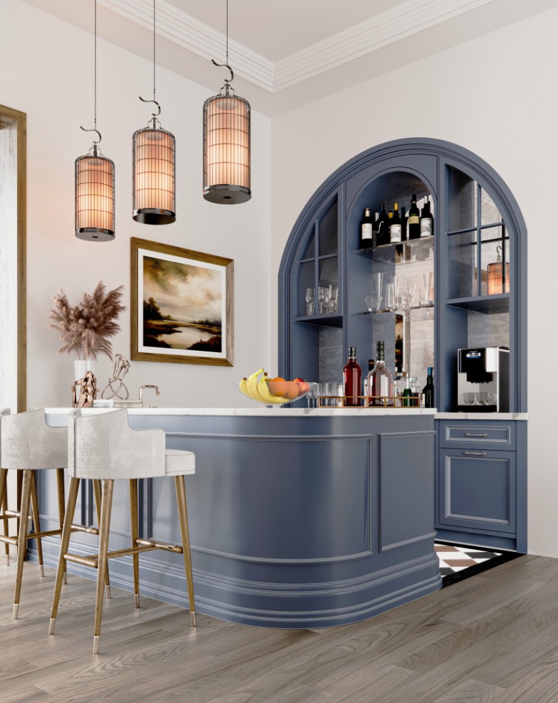 Luxury Blue Curved Home Bar & Arched Cabinet - Residential Interior Render