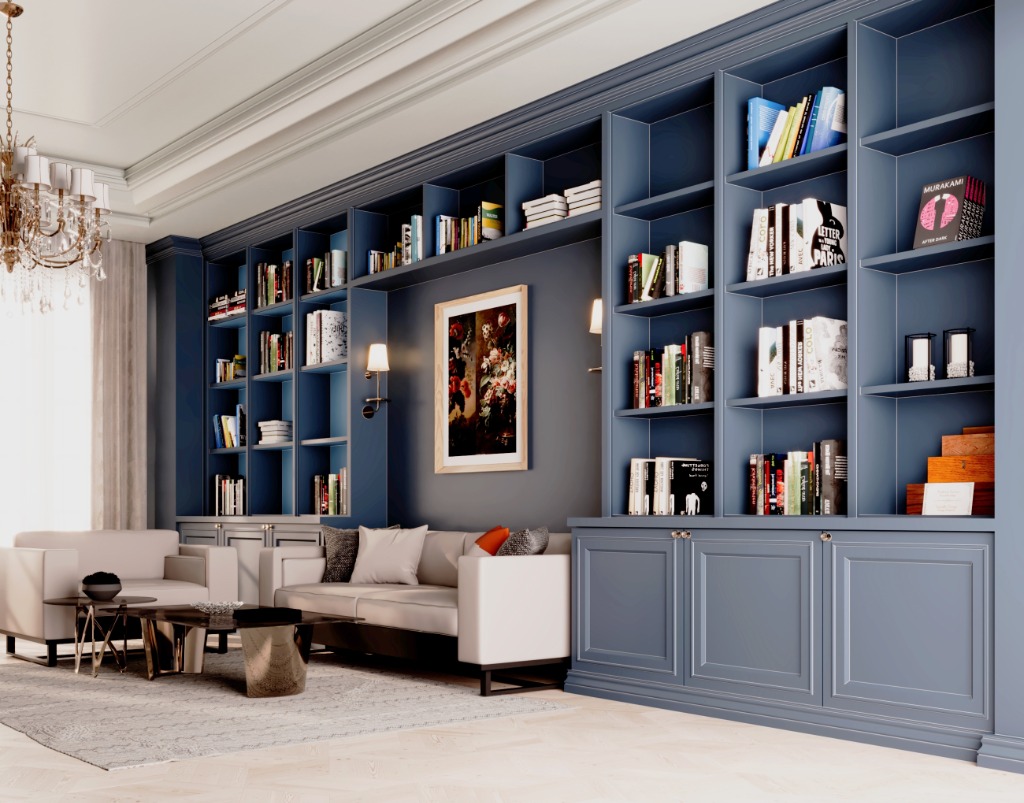 Executive Blue Built-in Library & Lounge - Residential Interior Render